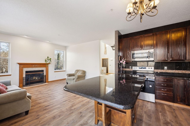 kitchen with stainless steel appliances, open floor plan, a fireplace, and dark wood-style floors