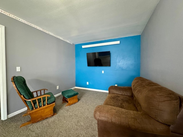 sitting room with carpet floors, a textured ceiling, and baseboards