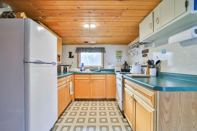 kitchen with wood ceiling, dark countertops, white appliances, and a sink