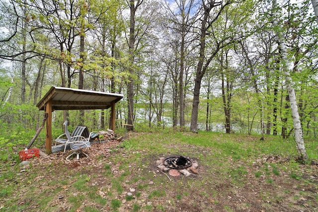 view of yard featuring an outdoor fire pit and a view of trees