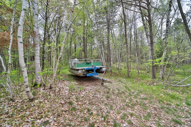 view of yard featuring a forest view