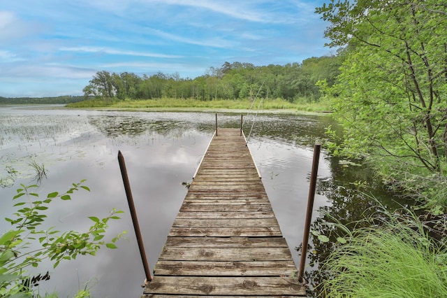 view of dock with a water view and a forest view