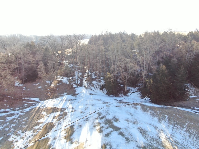 snowy aerial view with a wooded view