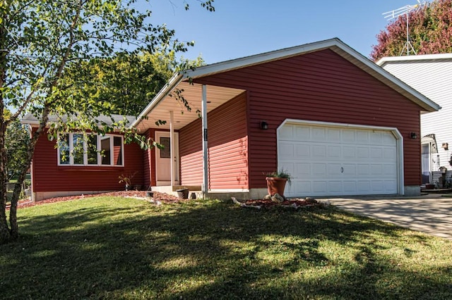 view of front facade with a front lawn, concrete driveway, and an attached garage