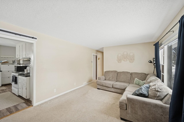 living room featuring carpet floors, a barn door, baseboards, and a textured ceiling