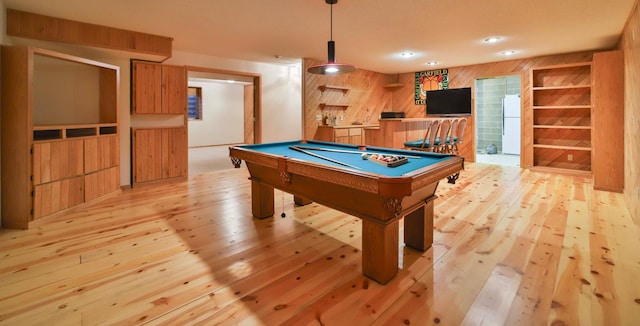 playroom featuring pool table, recessed lighting, light wood-type flooring, and wood walls