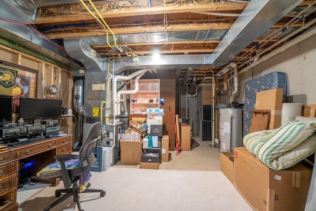 unfinished basement with heating unit and gas water heater