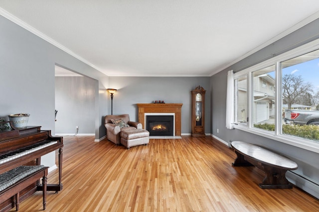 sitting room featuring light wood finished floors, a baseboard radiator, a fireplace with flush hearth, and baseboards