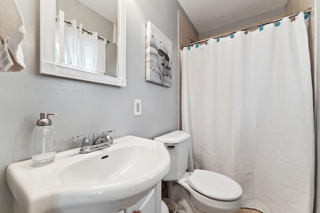 full bath featuring toilet, curtained shower, and a sink