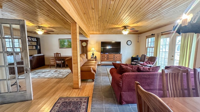 living area with ceiling fan, french doors, hardwood / wood-style floors, and wooden ceiling