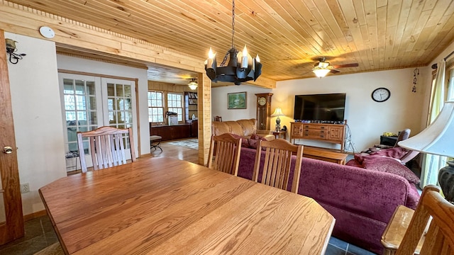 dining room featuring ceiling fan with notable chandelier and wood ceiling