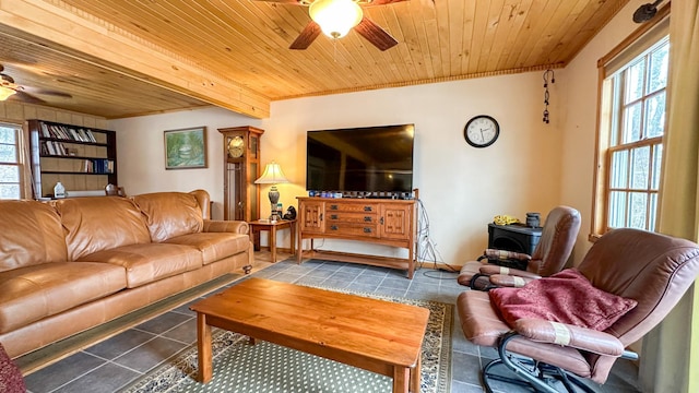 tiled living room featuring a wealth of natural light, wood ceiling, and a ceiling fan