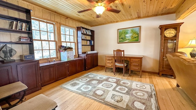 office featuring light wood-style floors, wooden ceiling, and ornamental molding