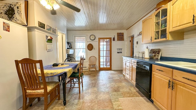 kitchen featuring dark countertops, light brown cabinets, glass insert cabinets, dishwasher, and wooden ceiling