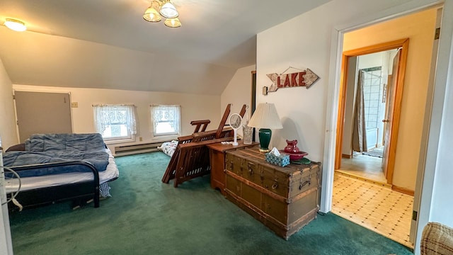 carpeted bedroom featuring baseboard heating and lofted ceiling