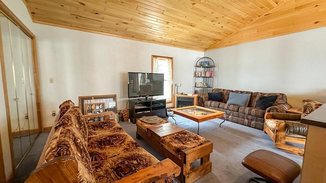 carpeted living room with wooden ceiling and lofted ceiling