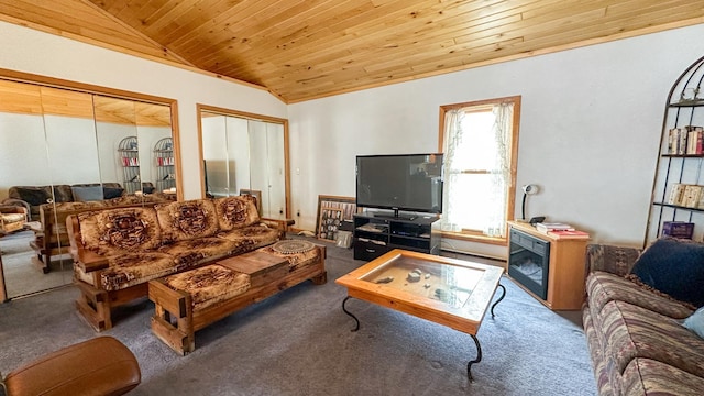 living room with carpet, vaulted ceiling, and wood ceiling