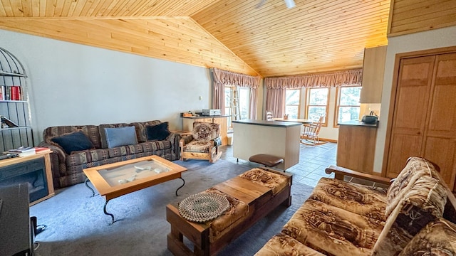 tiled living area featuring wooden ceiling and high vaulted ceiling