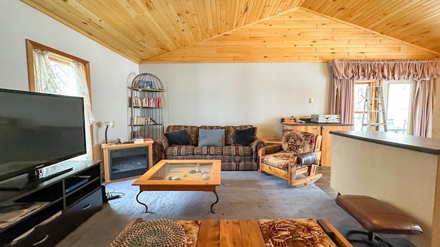 living area featuring lofted ceiling, a healthy amount of sunlight, and wooden ceiling