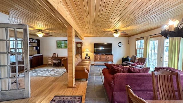 living area with french doors, wood finished floors, wooden ceiling, and a ceiling fan