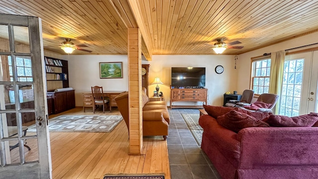 living room featuring french doors, wood-type flooring, wooden ceiling, and a ceiling fan