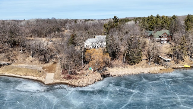 birds eye view of property with a view of trees and a water view