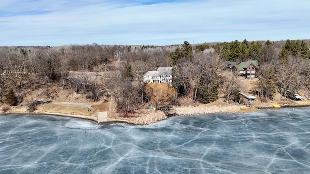 bird's eye view featuring a wooded view and a water view