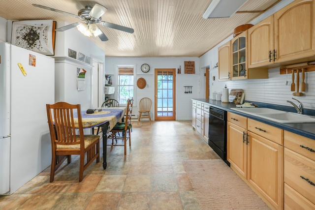 28503 Ottawa Dr, Browerville, MN 56438 - kitchen with freestanding refrigerator, dishwasher, light brown cabinetry, a sink, and dark countertops