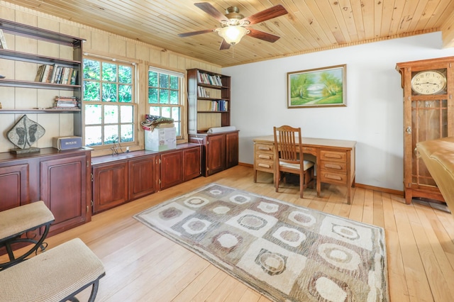 28503 Ottawa Dr, Browerville, MN 56438 - office area with ceiling fan, light wood-type flooring, wood ceiling, and baseboards