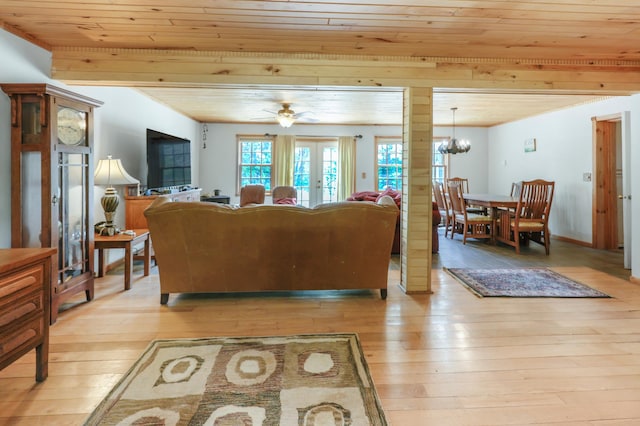 28503 Ottawa Dr, Browerville, MN 56438 - living room with wooden ceiling, light wood finished floors, and a chandelier
