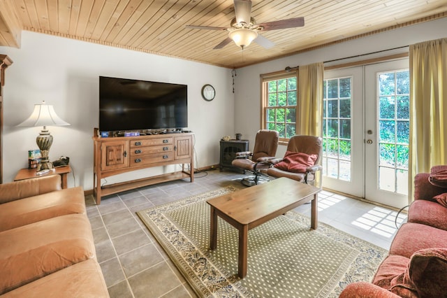 28503 Ottawa Dr, Browerville, MN 56438 - living area with tile patterned flooring, wooden ceiling, french doors, a ceiling fan, and baseboards