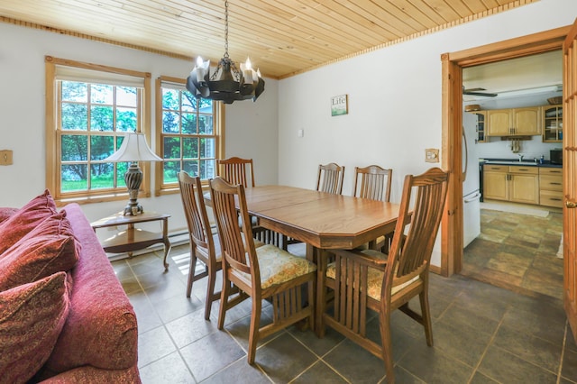 28503 Ottawa Dr, Browerville, MN 56438 - dining area featuring wooden ceiling and a chandelier