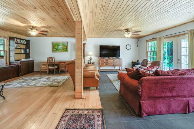 28503 Ottawa Dr, Browerville, MN 56438 - living area featuring ceiling fan, wood ceiling, and dark tile patterned flooring