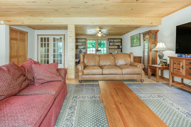 28503 Ottawa Dr, Browerville, MN 56438 - tiled living area featuring wooden ceiling and a ceiling fan