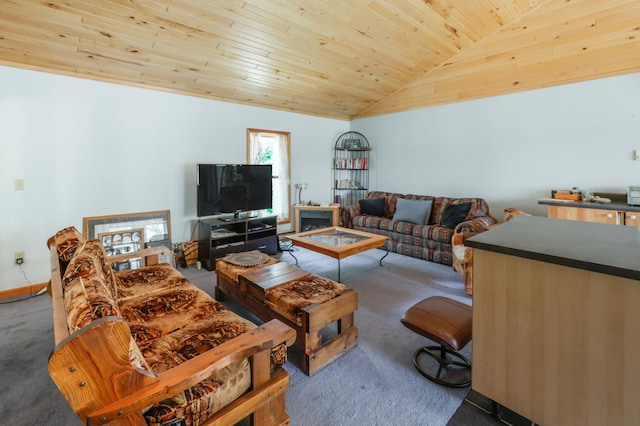 28503 Ottawa Dr, Browerville, MN 56438 - living area with carpet floors, wood ceiling, and vaulted ceiling