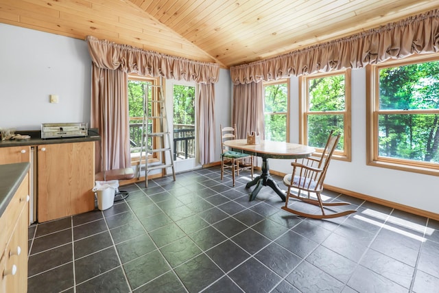 28503 Ottawa Dr, Browerville, MN 56438 - dining space featuring wooden ceiling, vaulted ceiling, and baseboards
