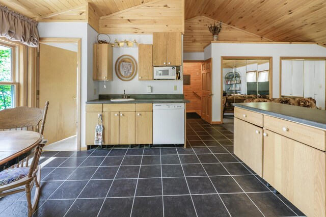 28503 Ottawa Dr, Browerville, MN 56438 - kitchen featuring white appliances, wood ceiling, lofted ceiling, a sink, and dark countertops