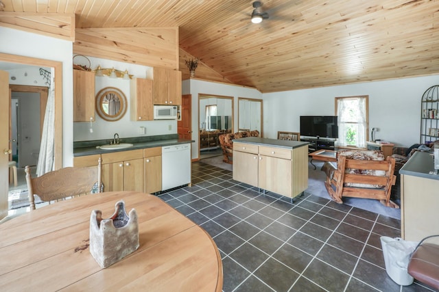 28503 Ottawa Dr, Browerville, MN 56438 - kitchen with white appliances, dark countertops, wooden ceiling, lofted ceiling, and a sink