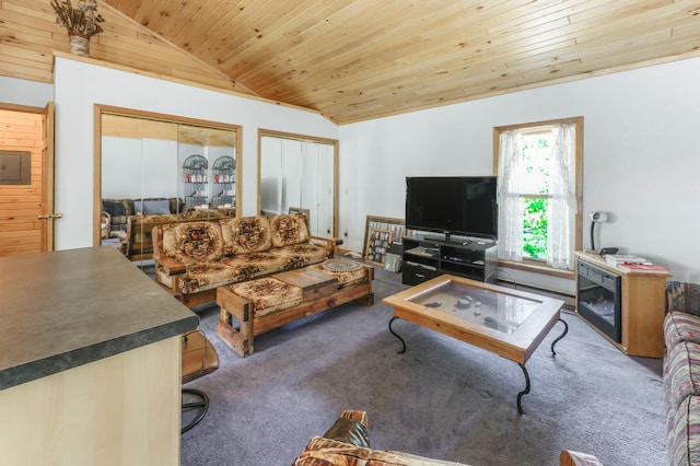 28503 Ottawa Dr, Browerville, MN 56438 - living room featuring carpet floors, wood ceiling, and vaulted ceiling