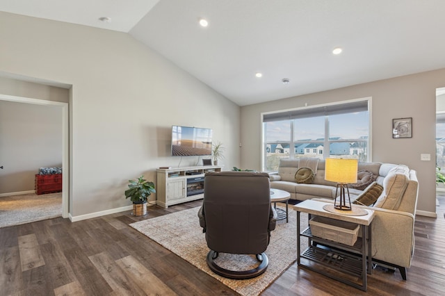 living area with lofted ceiling, recessed lighting, dark wood-style floors, and baseboards