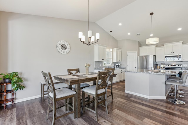 dining space with recessed lighting, dark wood-style floors, baseboards, and high vaulted ceiling