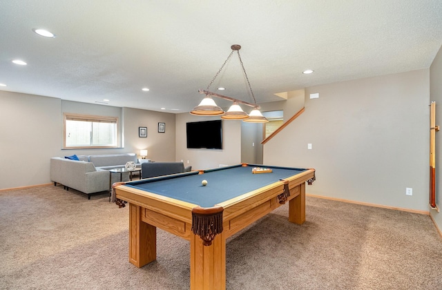 playroom with baseboards, recessed lighting, pool table, a textured ceiling, and light carpet