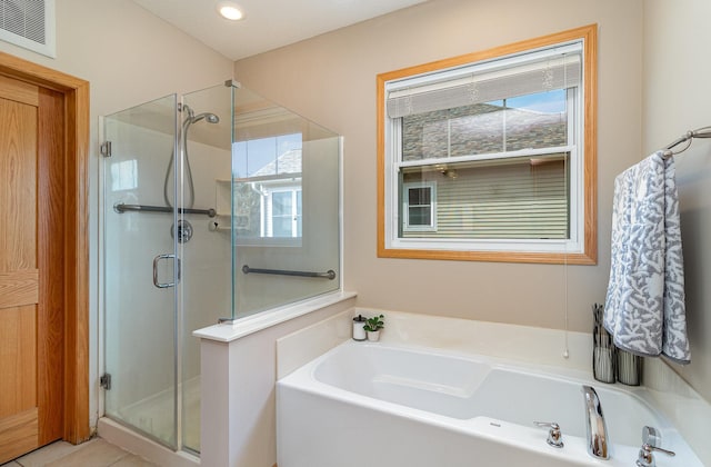 full bath featuring recessed lighting, visible vents, a stall shower, and a bath