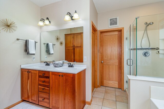 full bath with tile patterned flooring, visible vents, a stall shower, and a sink