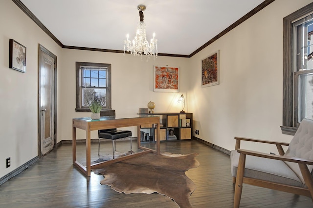 office featuring a notable chandelier, crown molding, baseboards, and wood finished floors