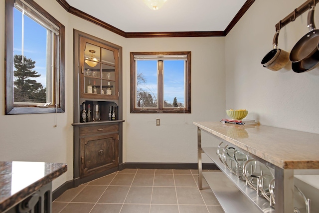 interior space featuring baseboards, plenty of natural light, and crown molding