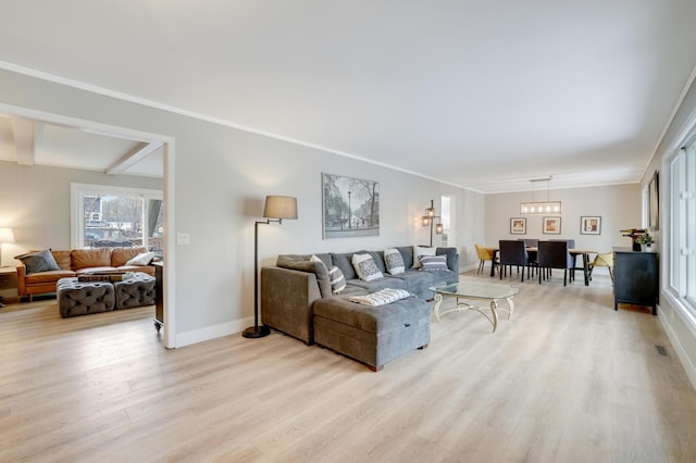 living area featuring beamed ceiling, visible vents, light wood-style floors, crown molding, and baseboards