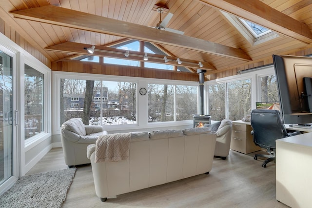 living room featuring lofted ceiling with skylight, light wood-style floors, and wood ceiling