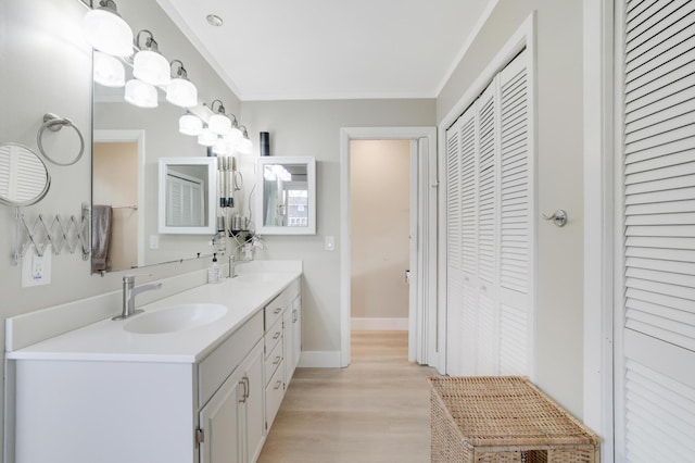 full bathroom with ornamental molding, a sink, wood finished floors, a closet, and double vanity