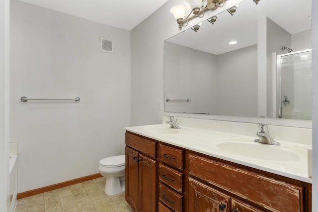 bathroom with visible vents, a sink, toilet, and an enclosed shower